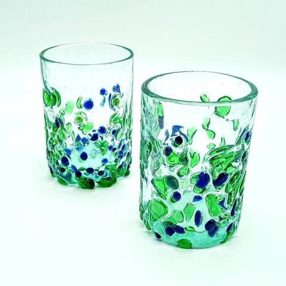 Handblown Blue Green Fused Glass Tumblers (2) - Picture 2 of 4